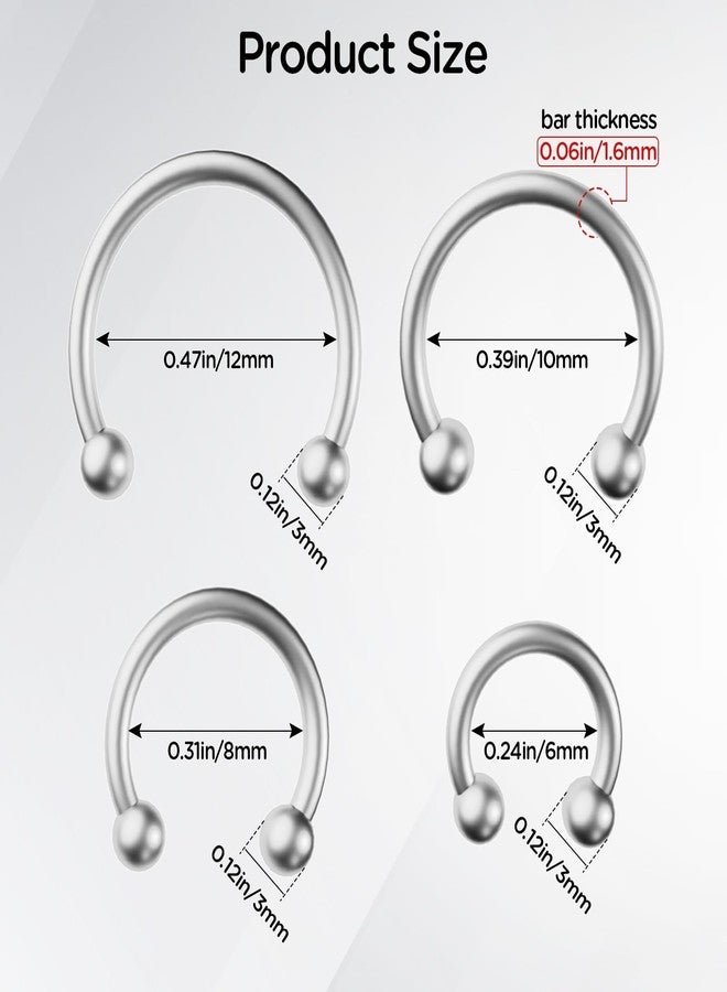 SMLBJUTE 8 PCS 16G Surgical Steel Horseshoe Nose Septum Earrings Eyebrow Lip Retainer Spiral Tragus Puncture Rings 6-12mm for Women Men (Silver) - Image 2